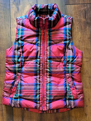 Lands' End Red Plaid Down Vest Women's S 6-8 Snap Pockets