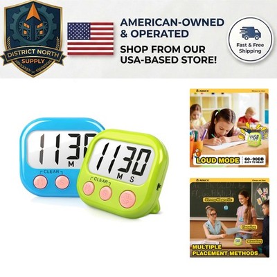 Magnetic Digital Timers for Classroom Use - 2 Pack Blue & Green, Easy Setup