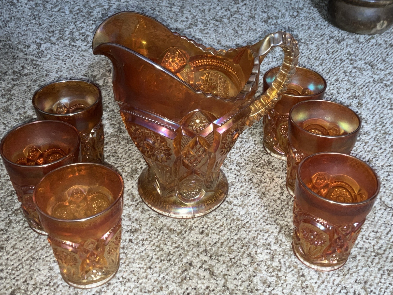 Carnival Glass  Imperial Marigold Water Set 6 Tumblers, 1 Pitcher