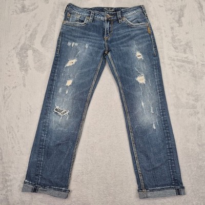 Silver Jeans Co 28 (30) Sam Mid Slim Straight Crop Ankle Distressed L1673SJB312
