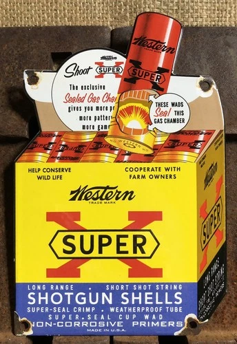 VINTAGE WESTERN SUPER X  SHOTGUN SHELLS 10” PORCELAIN AMMUNITION GUN AMMO SIGN
