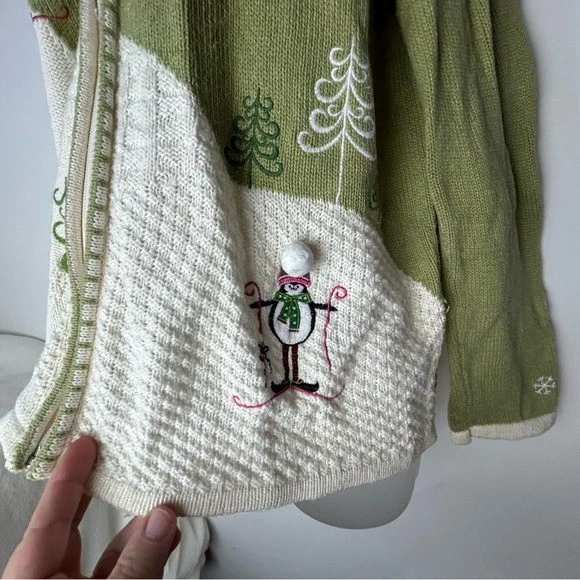 Christopher & Banks Muñecos de Nieve Verde Blanco Esquí Cremallera Completa Navidad Suéter Grande Foto 4 de 4