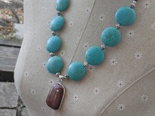 Faux Turquoise Faux Tiger Eye Silver Tone Bold Statement Beaded Necklace 24"