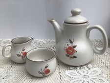 Vintage Korea Hand Painted Floral Stoneware Tea Pot, Sugar Bowl & Milk Jug Set