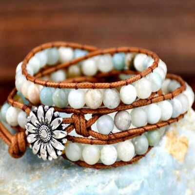 Handcrafted 6mm Amazoniteium beads cowhide rope cuff bracelet Eco-Friendly