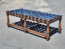 Neo-Gothic Spanish Revival Oak And Woven Leather Bench Ottoman MCM Mid Century 