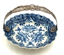 Deltfs Blauw Candy Dish Silver Handle Vintage