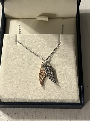Schöne Sterling Silber Flügel mit 10K Rotgold Flügeln mit 16 Diamanten + Kette ODI