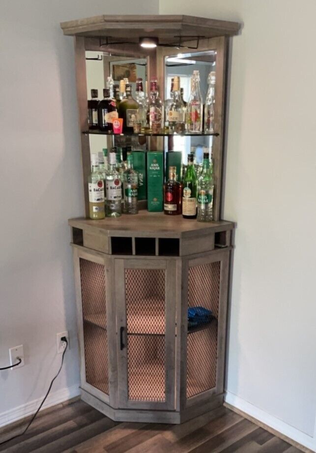 Corner Home Mini Bar Gray Wood Liquor Wine Cabinet with Stem Rack Bottle  Holder