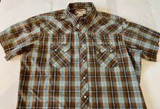 WRANGLER Western Pearl Snap Shirt Mens XXL Turquoise/Brown Plaid Short Sleeve