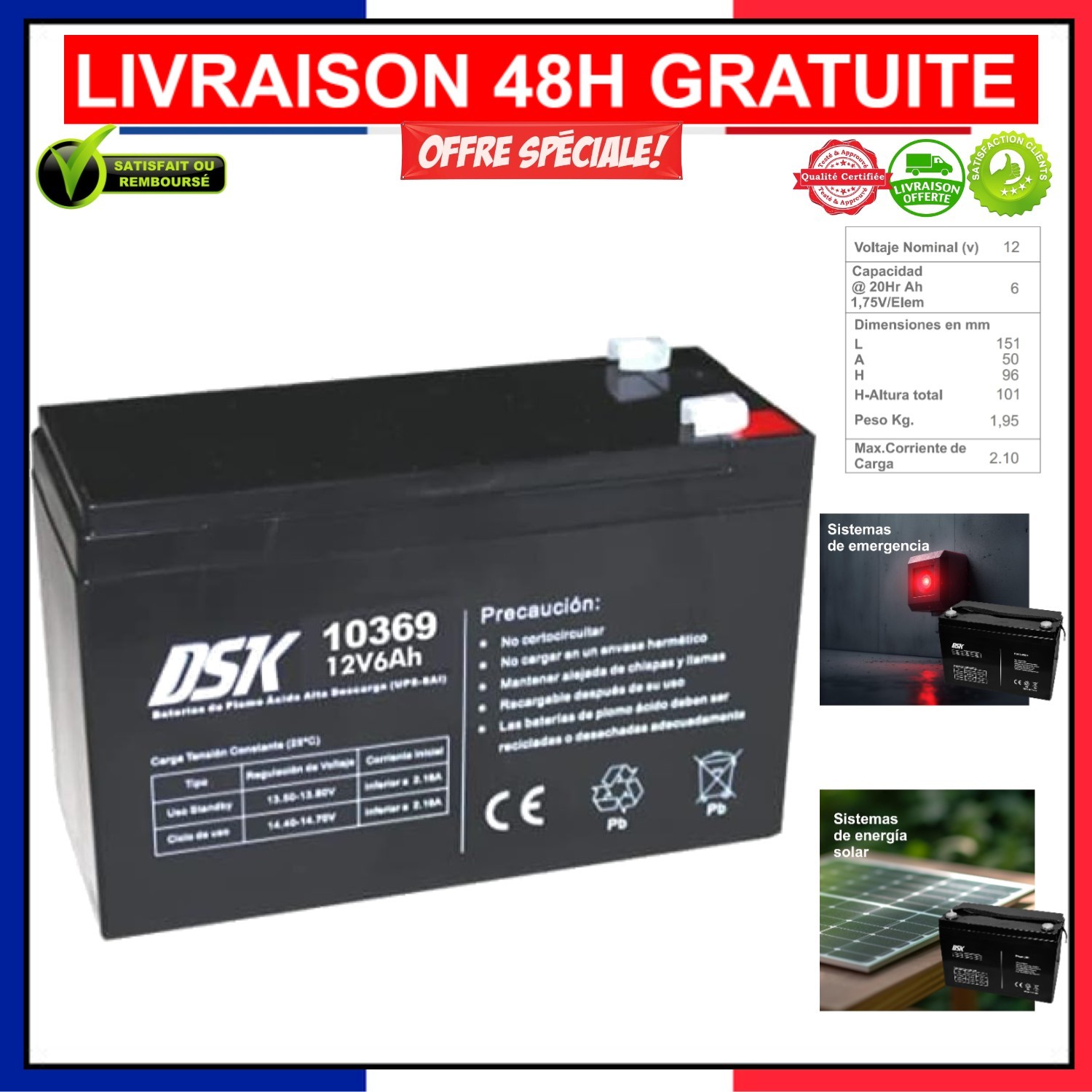 Batterie au Plomb Scellée DSK 12V 6Ah pour Éclairage de Sécurité et Domotique