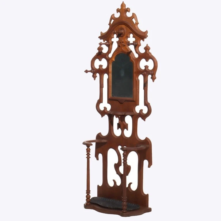 Antiga árvore de salão de nogueira espelhada gótica vitoriana com suporte para guarda-chuva c1890 - Imagem 2 de 4