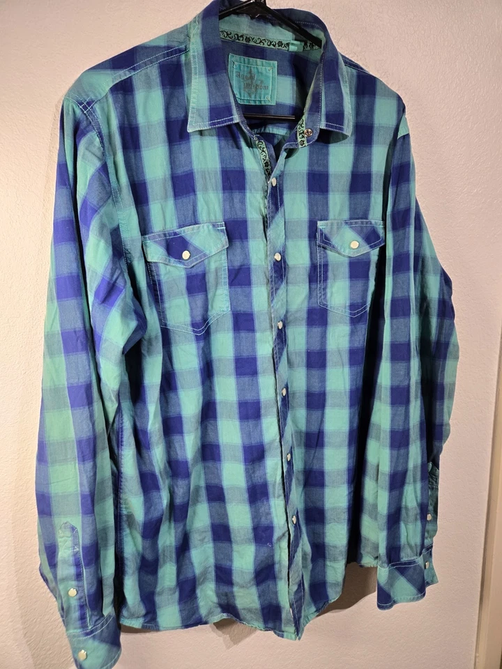 Age of Wisdom Para Hombres Talla XL Perla Camisa Abotonada Azul Cuadros Vaquero Camiseta Y2K Foto 2 de 4