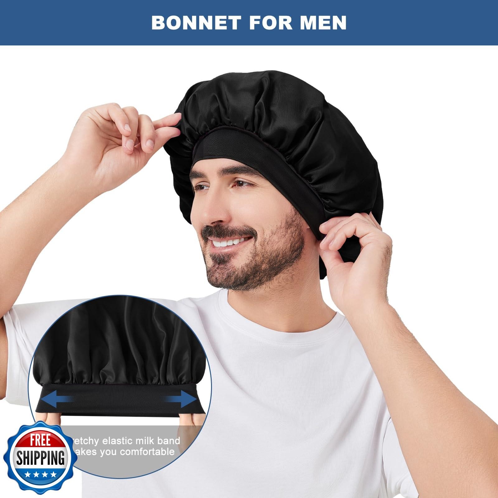 3Pcs Satin Bonnets for Men, Hair Bonnet for Sleeping Soft Elastic Band Silk S