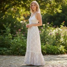 American Eagle Maxi Dress Womens L White Pink Floral Boho Lace Tiered Tie Back