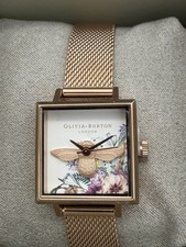 Image of NIB Olivia Burton Women's Square Watch Enchanted Bee Garden Rose Gold 22.5mm