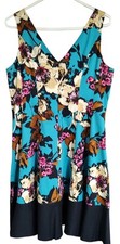 Ninen West Floral Flared Dress Sleeveless Turquoise Black Womens Size 14 NO Belt