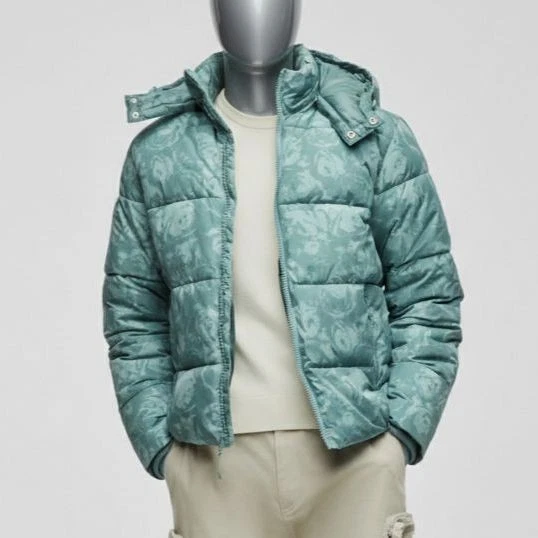 Mode Of One Men Green Floral Removable Hood Zip Winter Puffer Jacket Size XXL