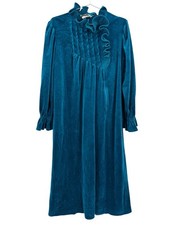 Vintage 80s Turquoise Velour Robe Ruffles Full Length Made in USA Size Large
