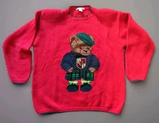 Vintage Robin Sinclair Bear Sweater Red Ramie Cotton Size L Novelty Pullover