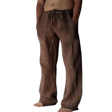 Cotton Linen Pants Men Casual Loose Fit Elastic Drawstring Waist Summer Beach...