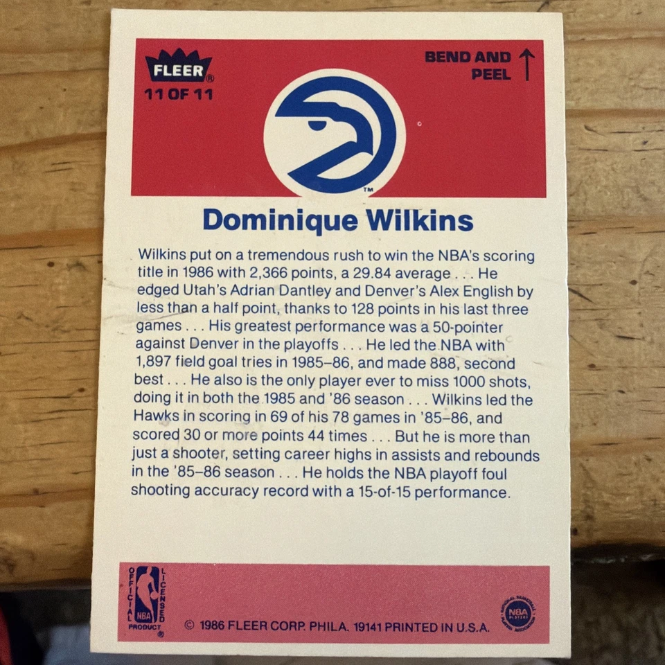 1986 Fleer наклейка Доминик Уилкинс #11 Atlanta Hawks H.O.F. - Изображение 2 из 2