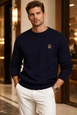Tommy Hilfiger Men  s L Navy Blue Crewneck Sweater Crest Logo 100 Cotton