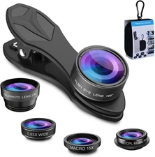 5 in 1 Phone Camera Lens Kit -0.63X Wide Angle Lens & 15X Macro Lens+190°Fish...