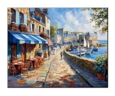 An Old Port in Saint-Malo Quaint Café Painting Printed on canvas,Art Prints,02