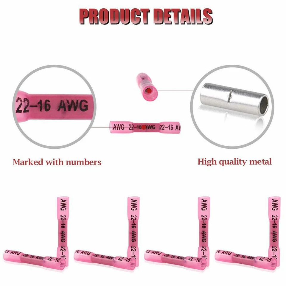 1000PCS Heat Shrink Waterproof Wire Connectors Red 22-16 AWG Butt Seal Terminals - Image 3 of 4
