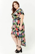 Forever 21 Plus Size Black Multi Surplice Floral High Low Dress 2X/3X