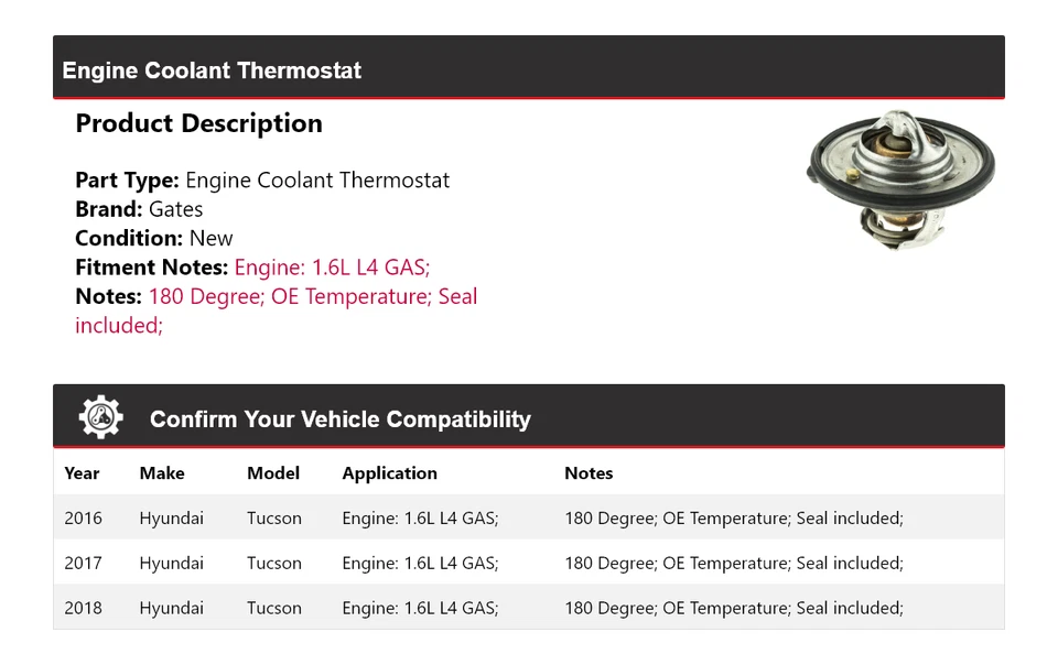Para Hyundai Tucson 2016-2018 1,6 L L4 motor gas refrigerante termostato puertas 2017 Foto 2 de 4