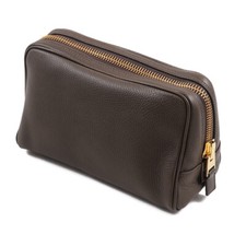 Tom Ford Olive Brown Pebble Grained Leather Single Zip Toiletry Bag New