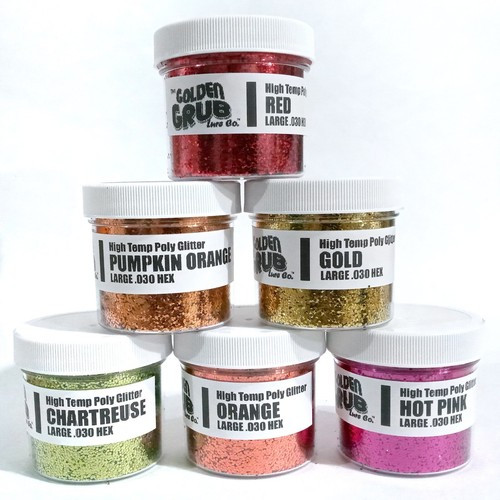 NEW 6 Pack of Warm Color LARGE .030 Glitters, RED, GOLD, ORANGE, HOT PINK, ETC. glitter flake by Golden Grub for soft bait making