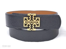 Tory Burch Britten Logo Reversible Black Tan Leather 1.5" Width Belt 141742