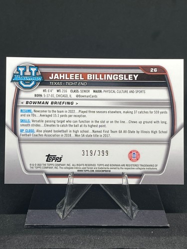 Jahleel Billingsley 2022 1st Bowman U cromo púrpura mini diamante/399 #26 Texas - Imagen 2 de 2