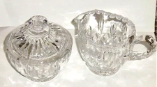 Faceted Clear Glass Creamer & Sugar Bowl with Lid, 3 PC Set EUC