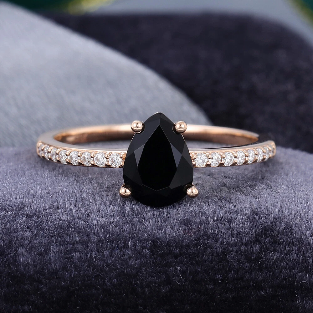 Black onyx engagement ring set 14k Rose gold Women Pear shaped Black S –  HelloRing