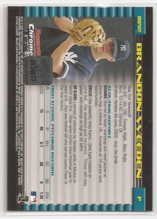 2002 Bowman Chrome Draft Picks Brandon Weeden #172 RC Auto Rookie Yankees Browns - Image 2 of 2