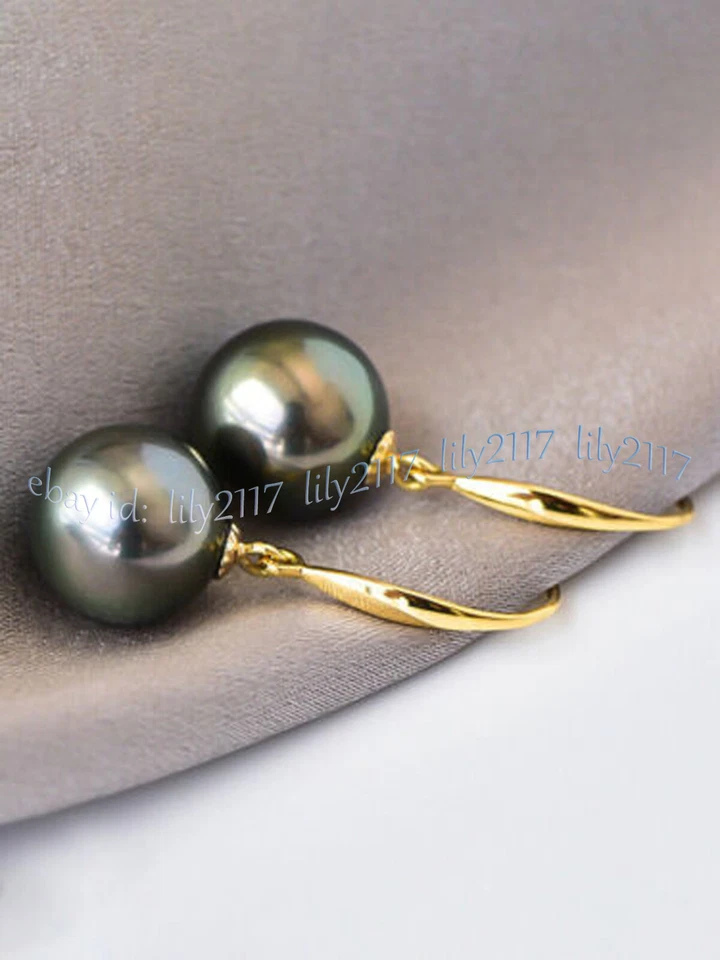 Pendientes de gancho colgantes de oro de 14K de perlas redondas negras naturales genuinas de 11-12 mm de Tahití Foto 3 de 4