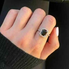 2CT Emerald Cut Lab-Created Black Diamond Engagement Ring 14K White Gold Finish.