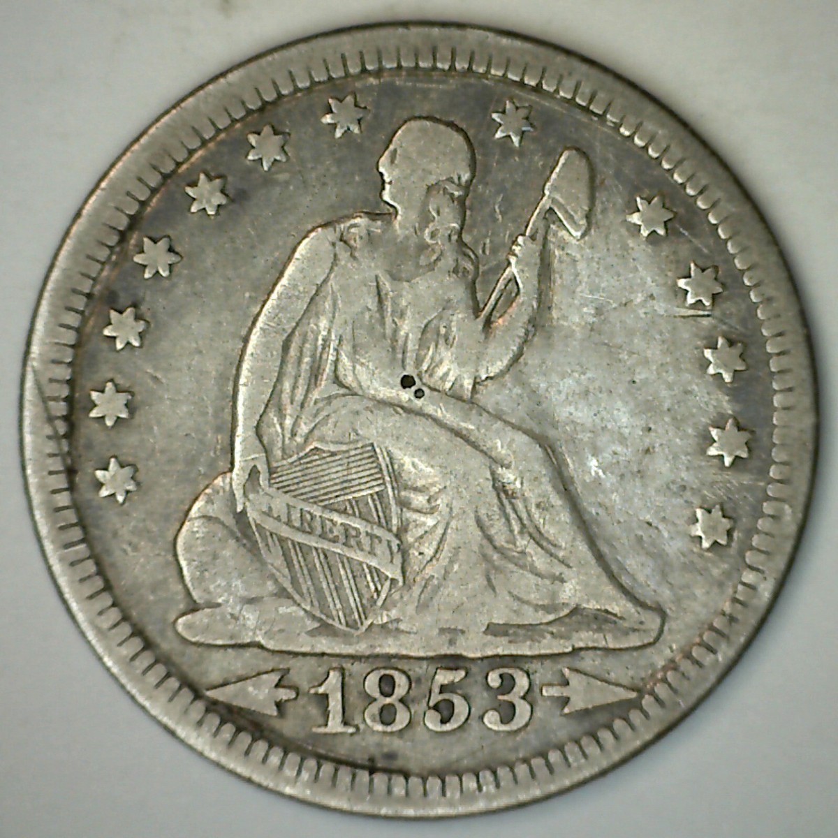 1853 Silver Seated Liberty Quarter 25c Coin VF Arrows & Rays