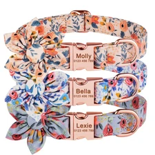 Heavy Duty Personalized Flower Dog Collar Engraved Name Tag Small Medium Large