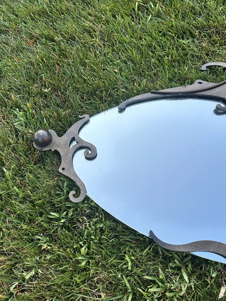 Vintage Regency Victorian Goth Wrought Iron Oval Mirror 52” x 32” - Image 3 of 4
