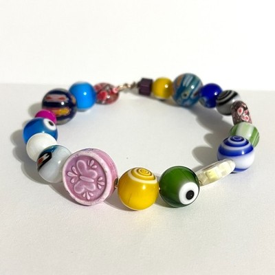 Lampwork Glass Beaded Wire Bracelet Millefiori Ceramic Art Spring Flower Bangle