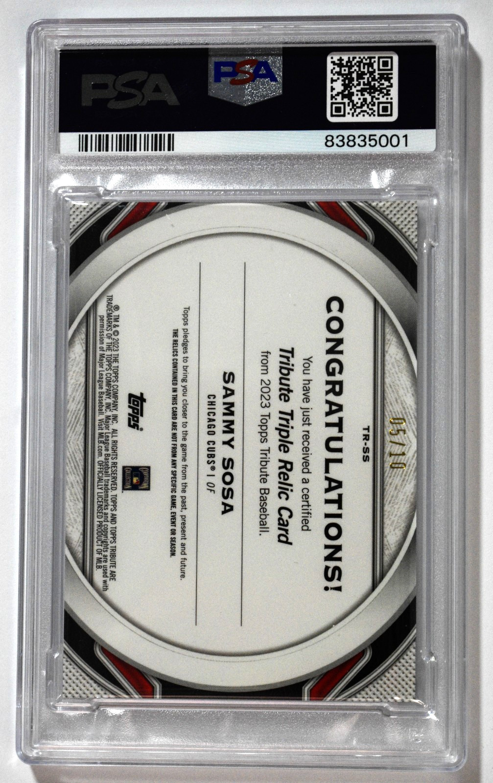 2023 Topps Tribute Sammy Sosa Triple Relics Red /10 Game Used PSA 9 Pop 1 Cubs view 2