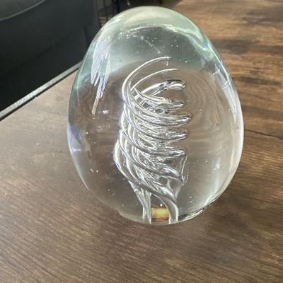 Spiral Helix Clear Glass Paperweight Egg Shaped Oval Teardrop 3.5'' Hand Blown
