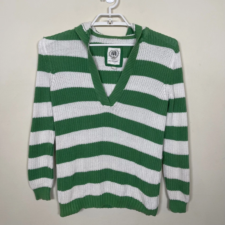 Suéter Tejido Vintage Merona Verde Blanco Rayas M Con Capucha Cuello en V Y2K Bella Swan Foto 2 de 4