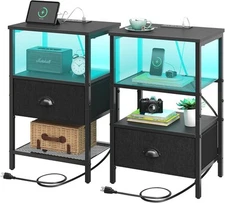 Sthmec Nightstands Set of 2, LED Bedside Tables with Charging Station Black 