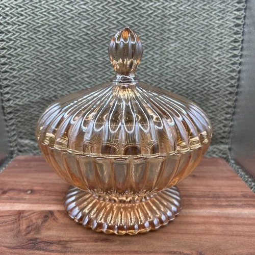 Jeannette Glass lidded candy dish,  the National Pattern Marigold Carnival Vtg